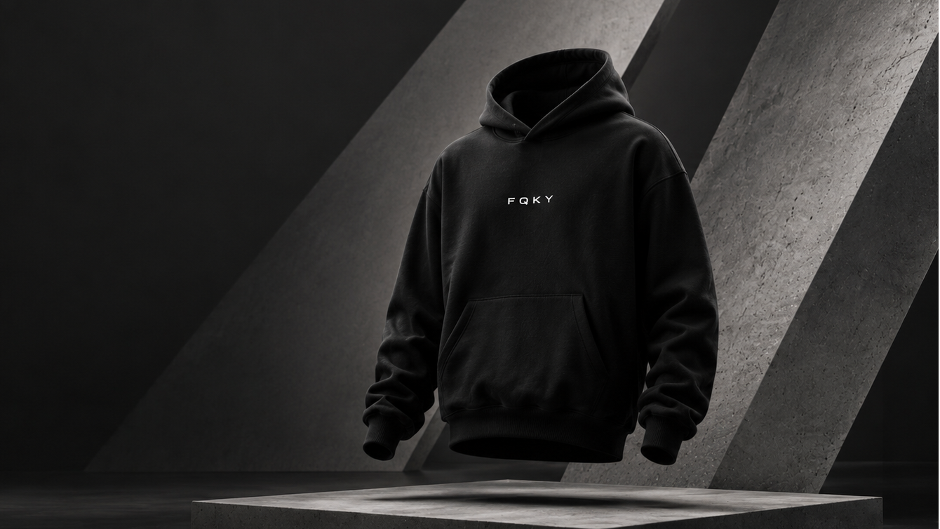 Black hoodie with a brand logo on a dark geometric background
