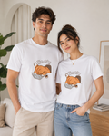 Two people wearing white t-shirts with a cartoon turkey design and 'I'm ok' text.