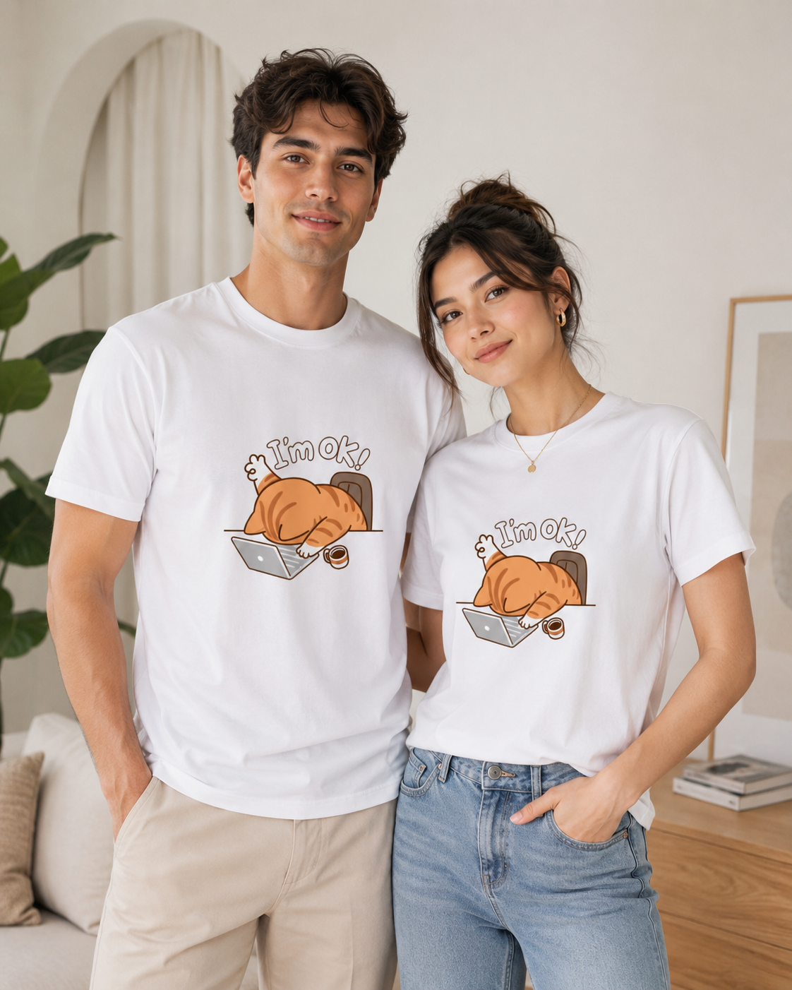 Two people wearing white t-shirts with a cartoon turkey design and 'I'm ok' text.